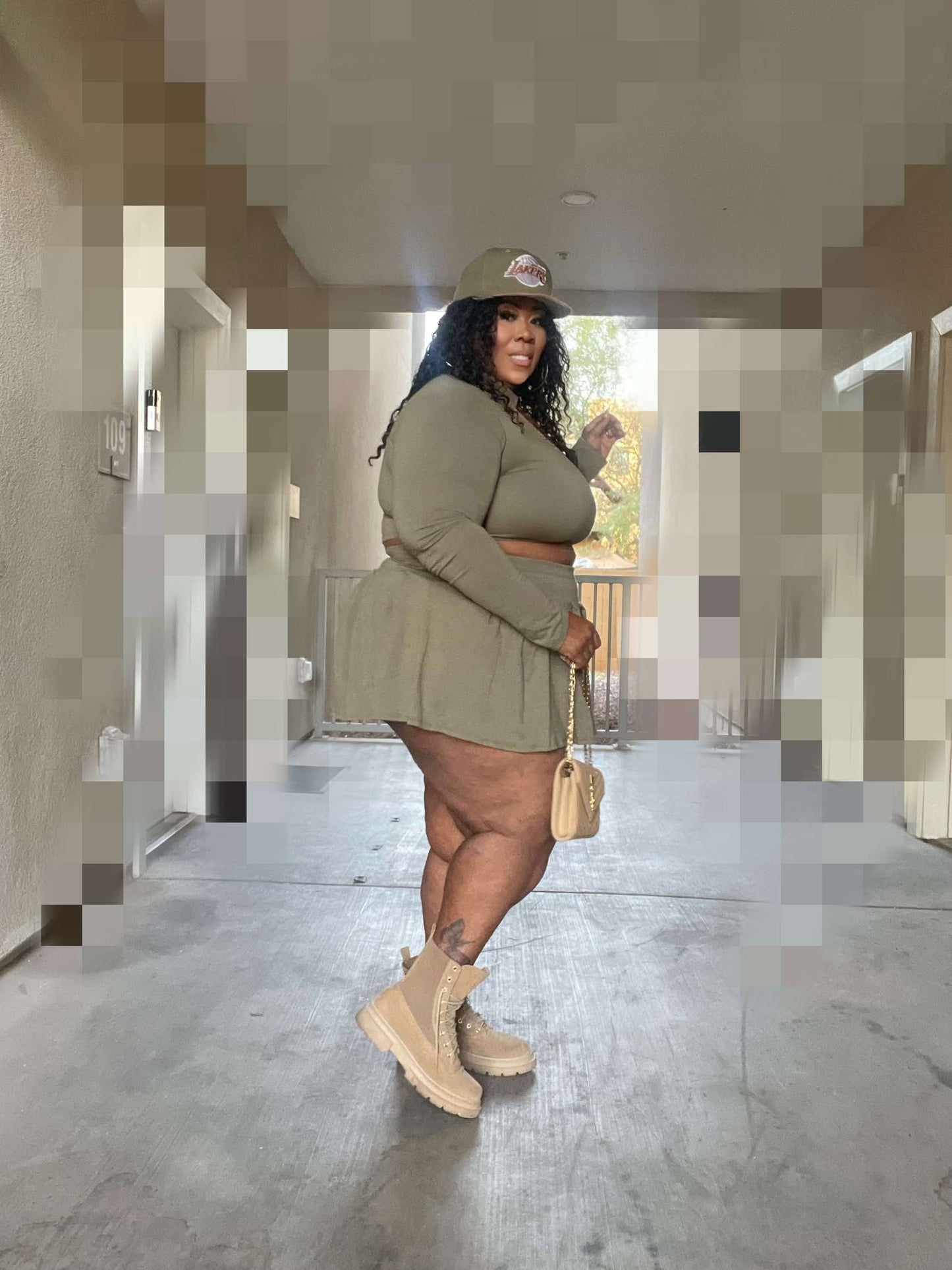 PLUS SIZE "2-PIECE PLEATED SKIRT SET" W/BUILT IN PANTIE-OLIVE-63