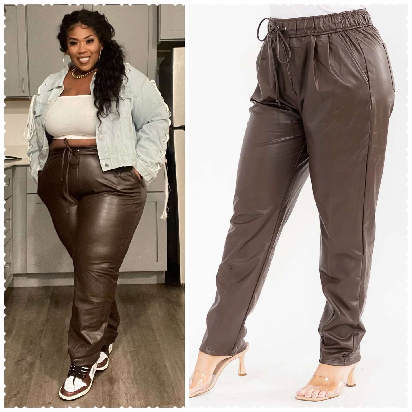 PLUS SIZE FAUX LETTER STRETCHY DRAWSTRING PANTS w/POCKETS-CHOCOLATE-59