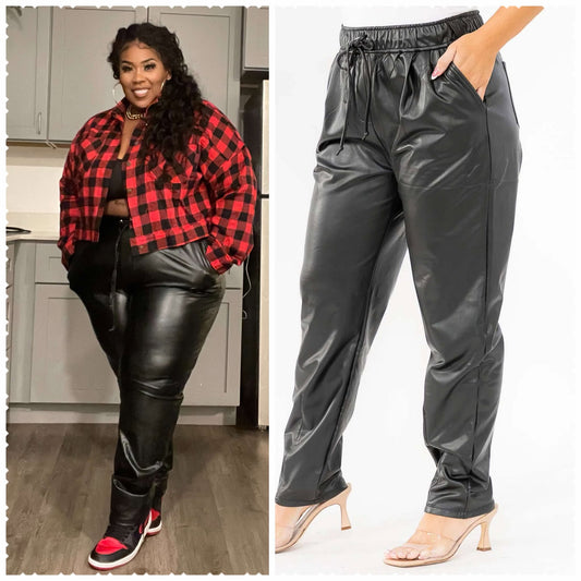 PLUS SIZE FAUX LETTER STRETCHY DRAWSTRING PANTS w/POCKETS-BLACK-59