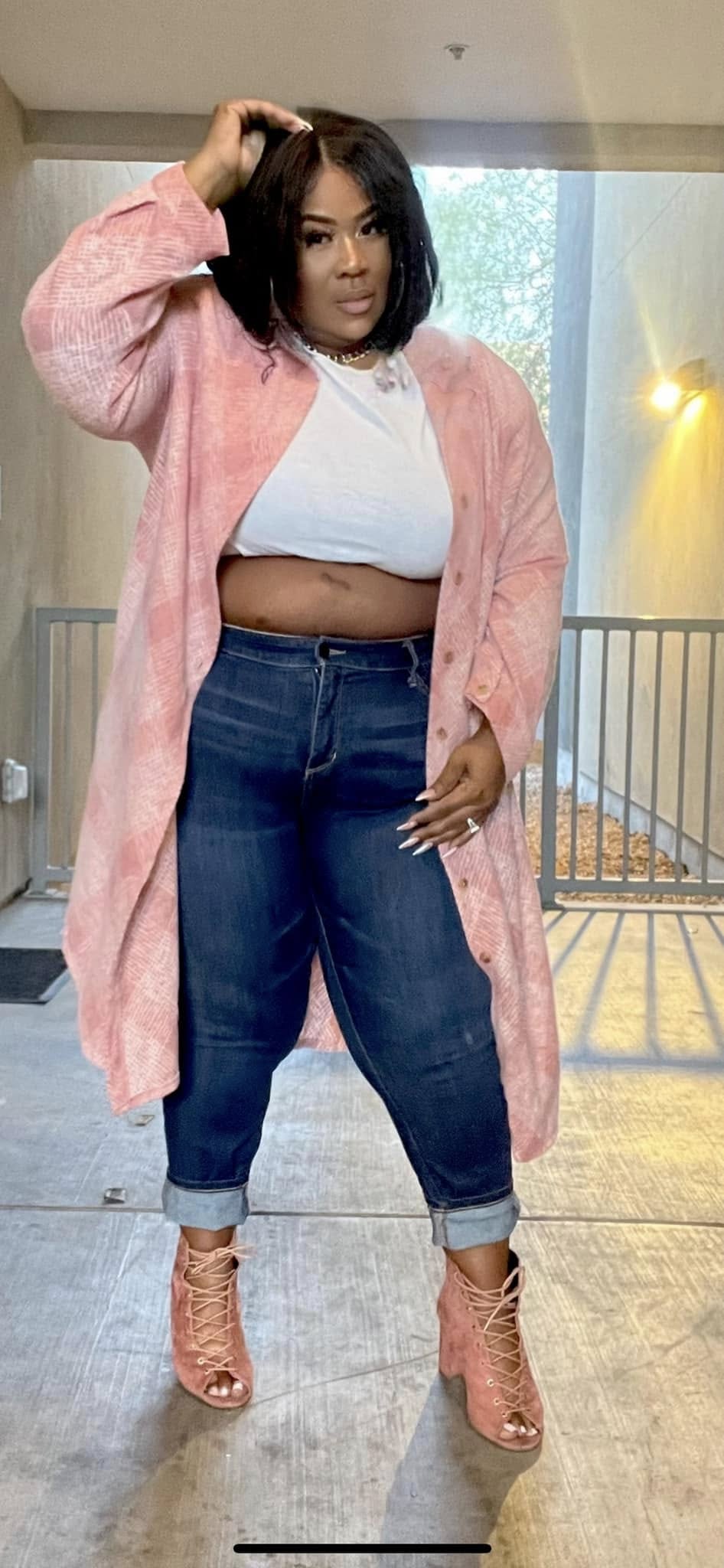 PLUS SIZE Plus Knitted Plaid Soft Long Jacket (mauve)-64