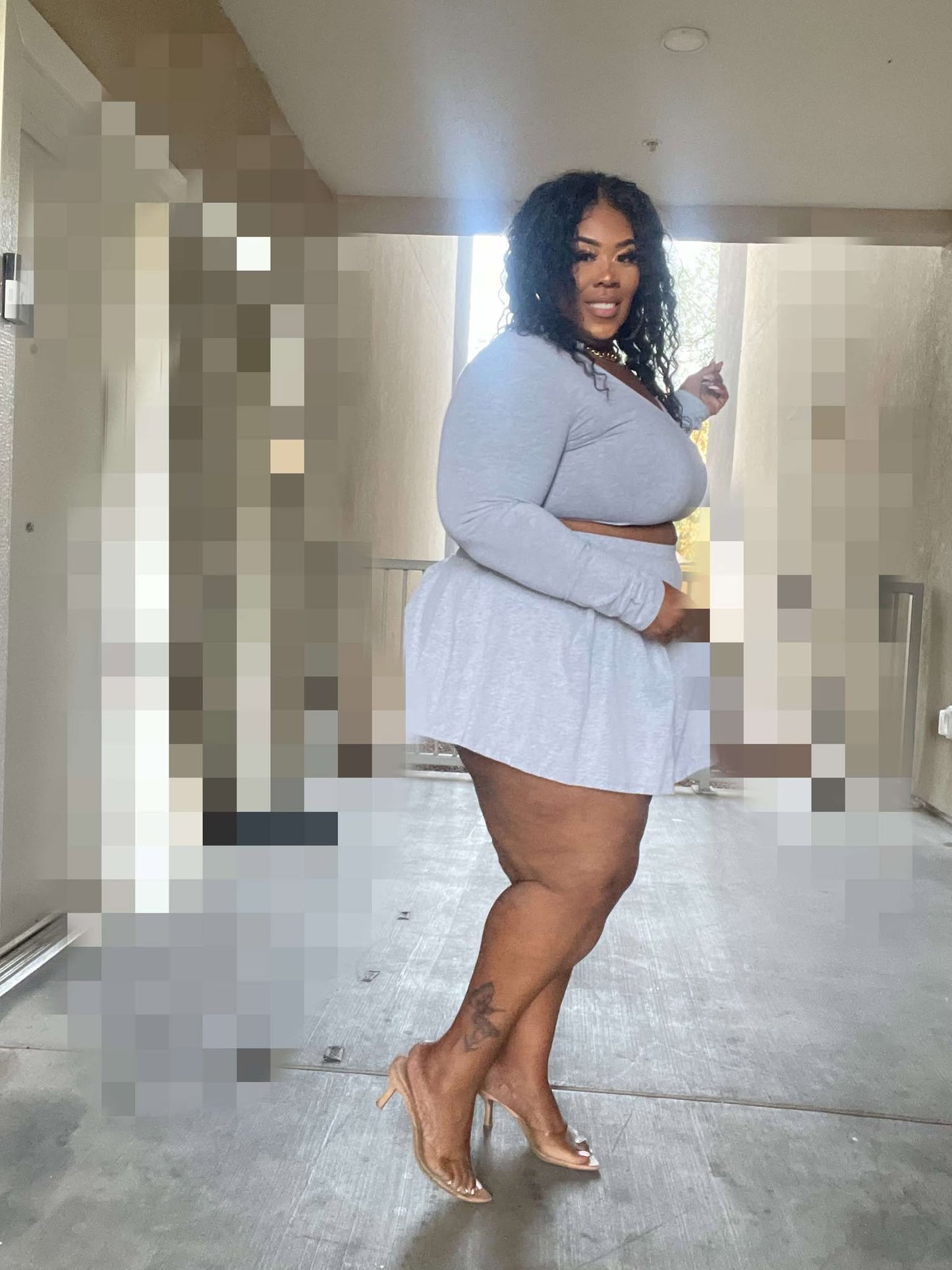 PLUS SIZE "2-PIECE PLEATED SKIRT SET" W/BUILT IN PANTIE-GREY-63