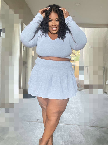 PLUS SIZE "2-PIECE PLEATED SKIRT SET" W/BUILT IN PANTIE-GREY-63