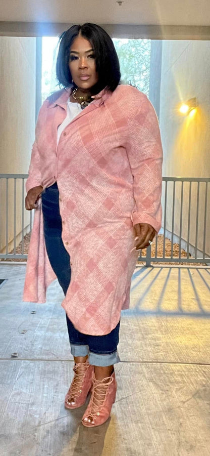 PLUS SIZE Plus Knitted Plaid Soft Long Jacket (mauve)-64