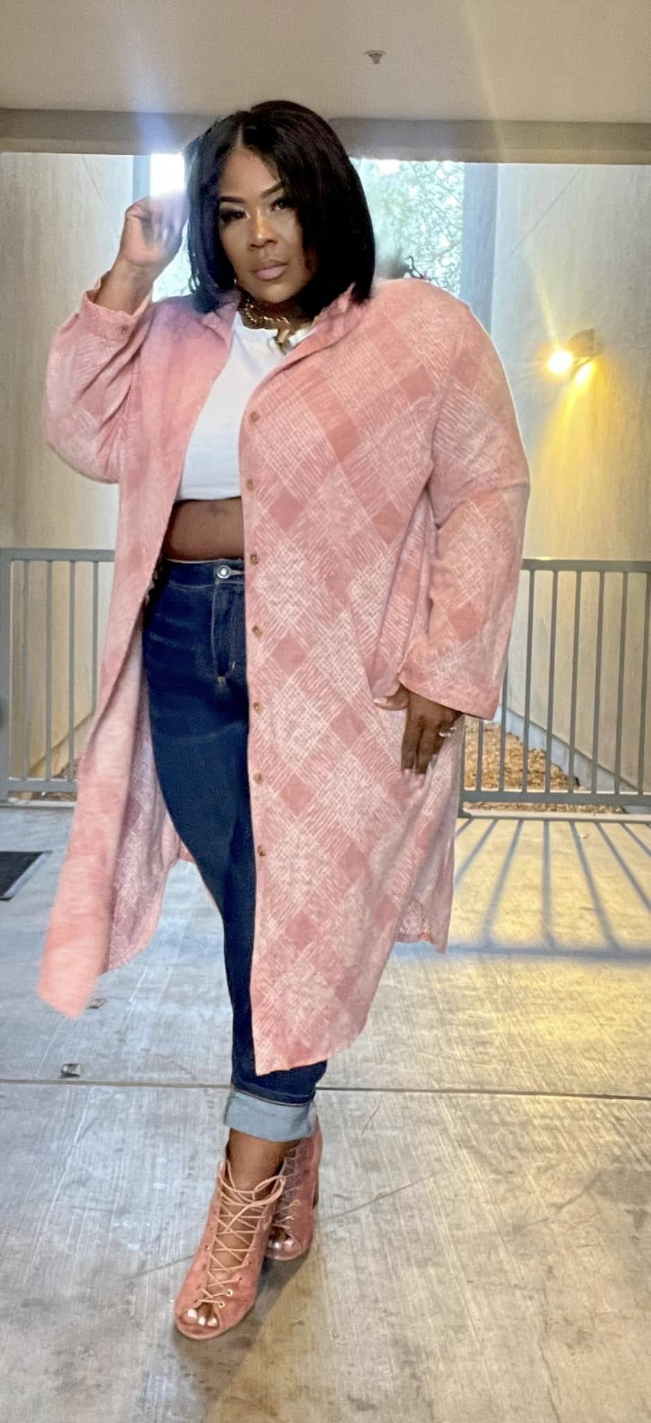 PLUS SIZE Plus Knitted Plaid Soft Long Jacket (mauve)-64