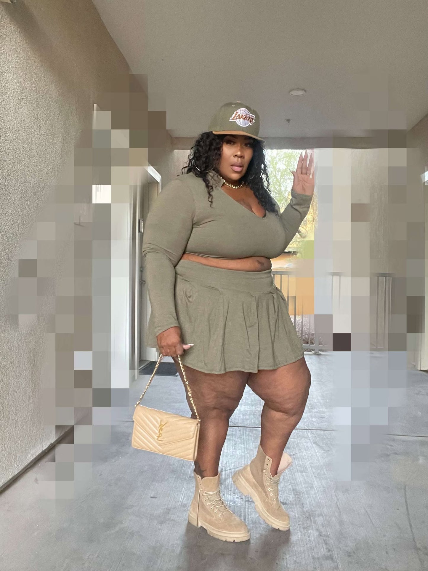 PLUS SIZE "2-PIECE PLEATED SKIRT SET" W/BUILT IN PANTIE-OLIVE-63