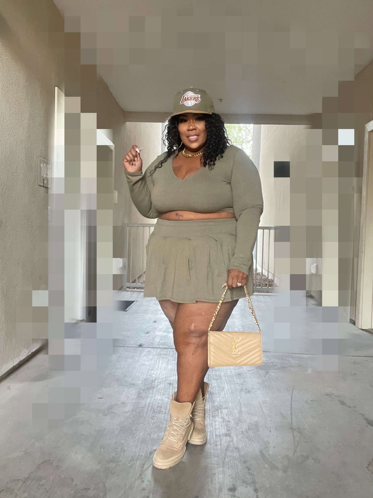 PLUS SIZE "2-PIECE PLEATED SKIRT SET" W/BUILT IN PANTIE-OLIVE-63