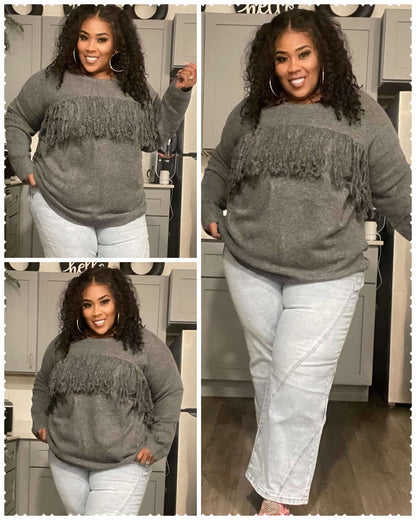 PLUS SIZE FRINGE IT SWEATER-CHARCOAL-65