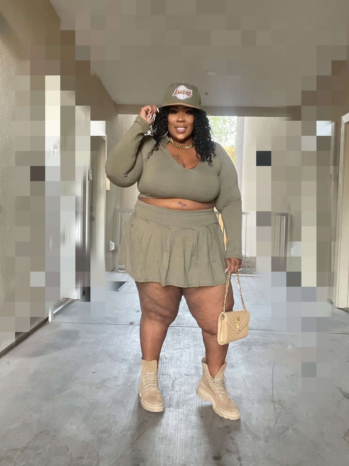 PLUS SIZE "2-PIECE PLEATED SKIRT SET" W/BUILT IN PANTIE-OLIVE-63