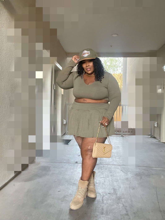 PLUS SIZE "2-PIECE PLEATED SKIRT SET" W/BUILT IN PANTIE-OLIVE-63