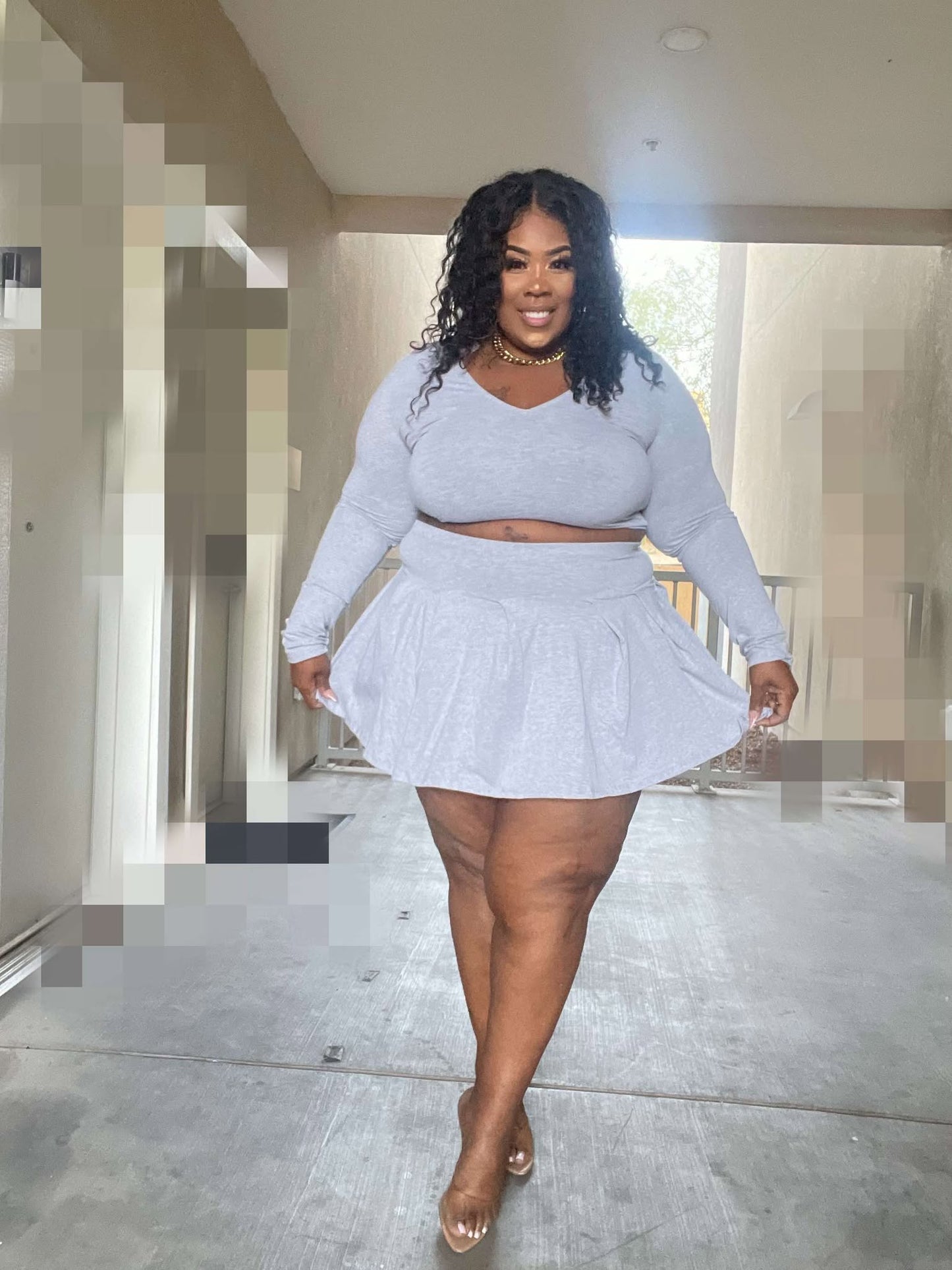 PLUS SIZE "2-PIECE PLEATED SKIRT SET" W/BUILT IN PANTIE-GREY-63