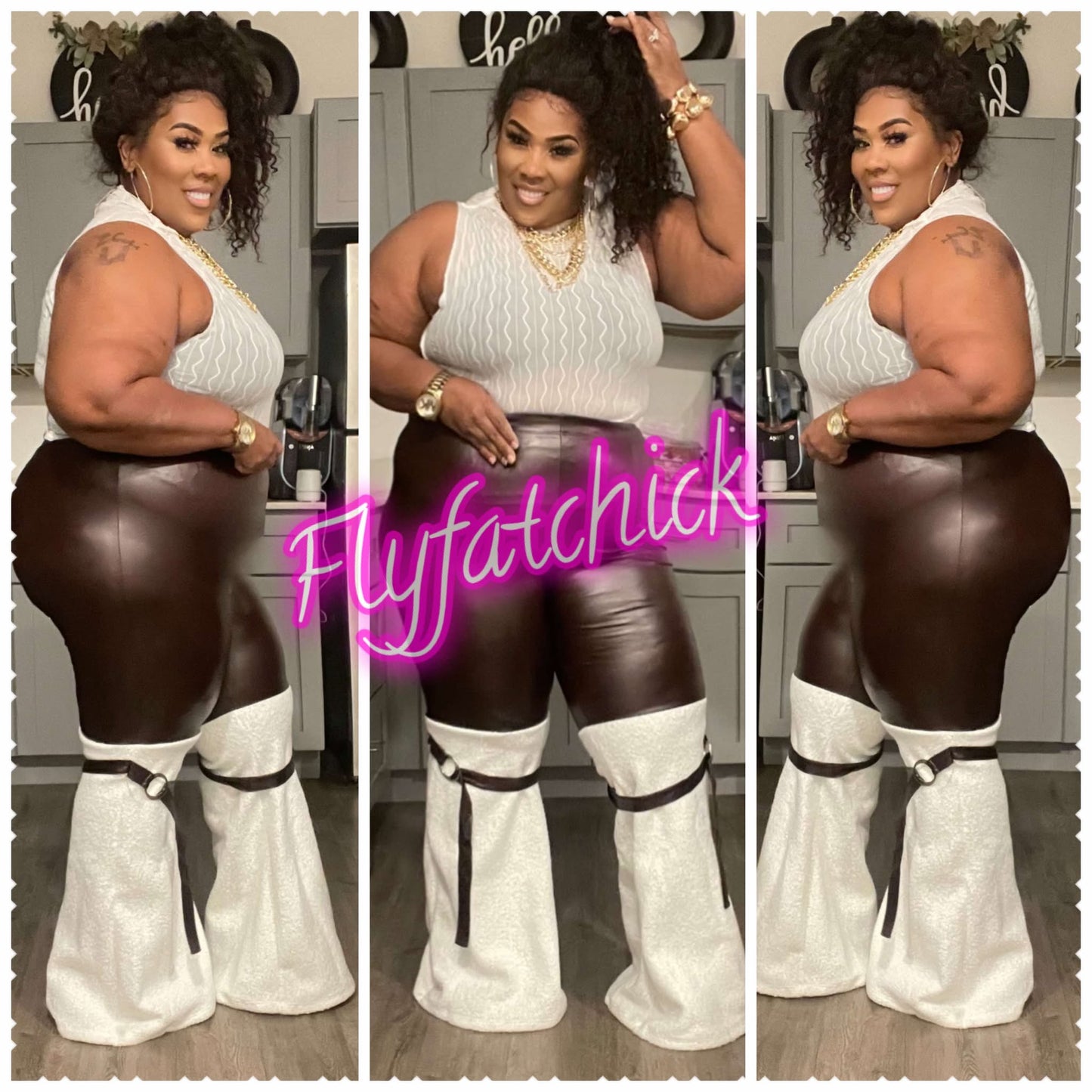 PLUS SIZE FAUX LEATHER HALF N HALF BELL PANTS-IVORY/BROWN-62