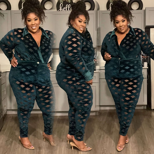 PLUS SIZE "DARE TO BE DIFFERENT" 2-PIECE MESH & VELVET SET-DARK TEAL-31