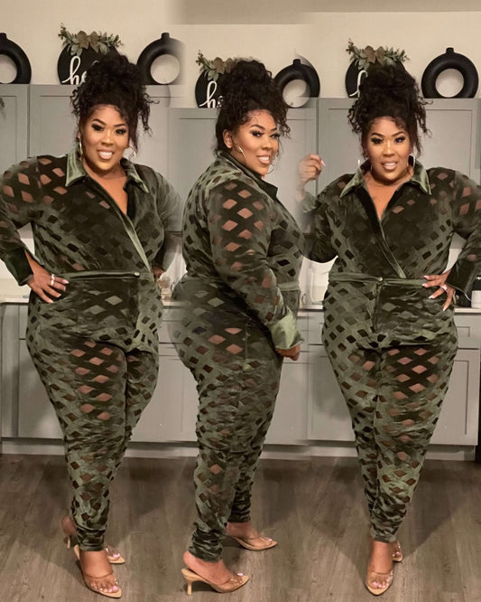 PLUS SIZE "DARE TO BE DIFFERENT" 2-PIECE MESH & VELVET SET-OLIVE-31