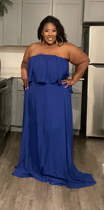 PLUS SIZE RUFFLE OFF SHOULDER ELASTIC WAIST MAXI DRESS-BLUE