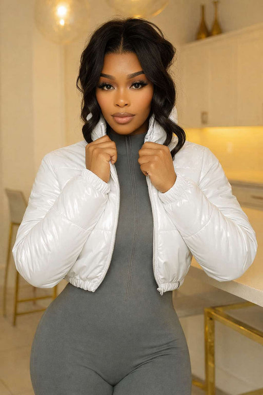 Cropped Puffer Bomber Jacket -White