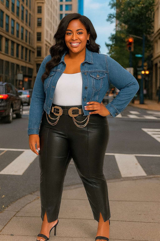 PLUS SIZE Faux Leather Slit Bottom Pants-55