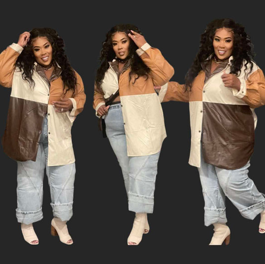 PLUS SIZE FAUX LEATHER COLOR BLOCK BUTTON TOP***TOP ONLY**-02