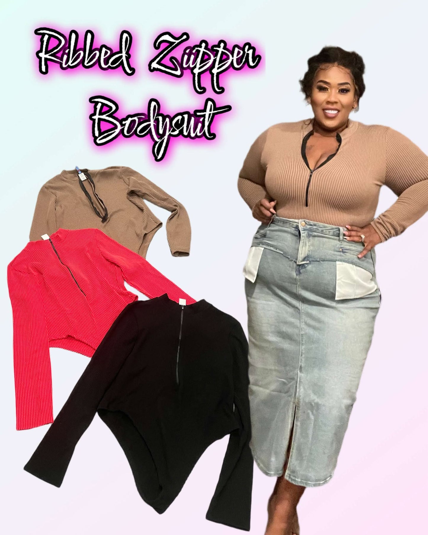 PLUS SIZE RIBBED ZIPPER BODYSUIT-27