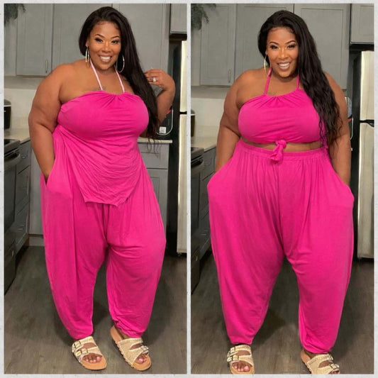 PLUS SIZE 2-PIECE HAREM PANT SET-FUSCHIA-25