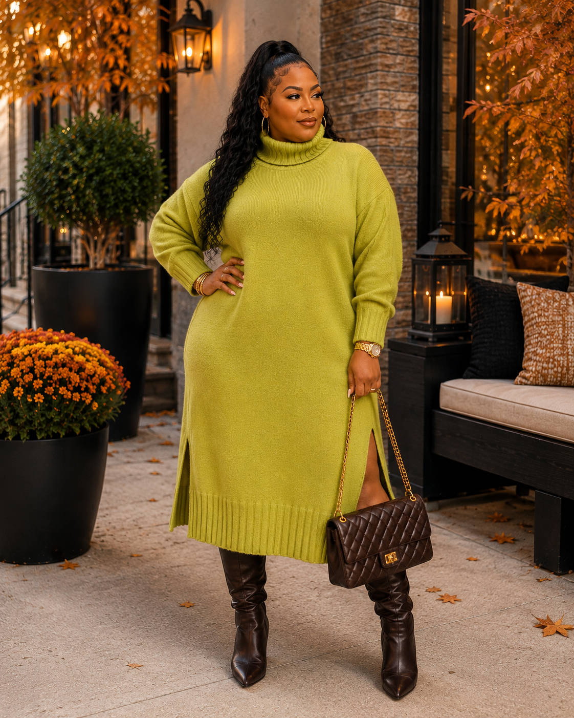 PLUS SIZE LONG SLEEVE TURTLE NECK SIDE SLIT SWEATER DRESS