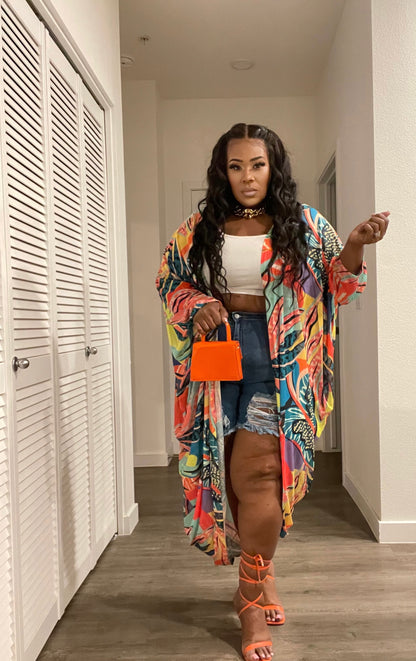 PLUS SIZE MULTI Mesh Long Sleeve Kimono Cardigan-MULTI