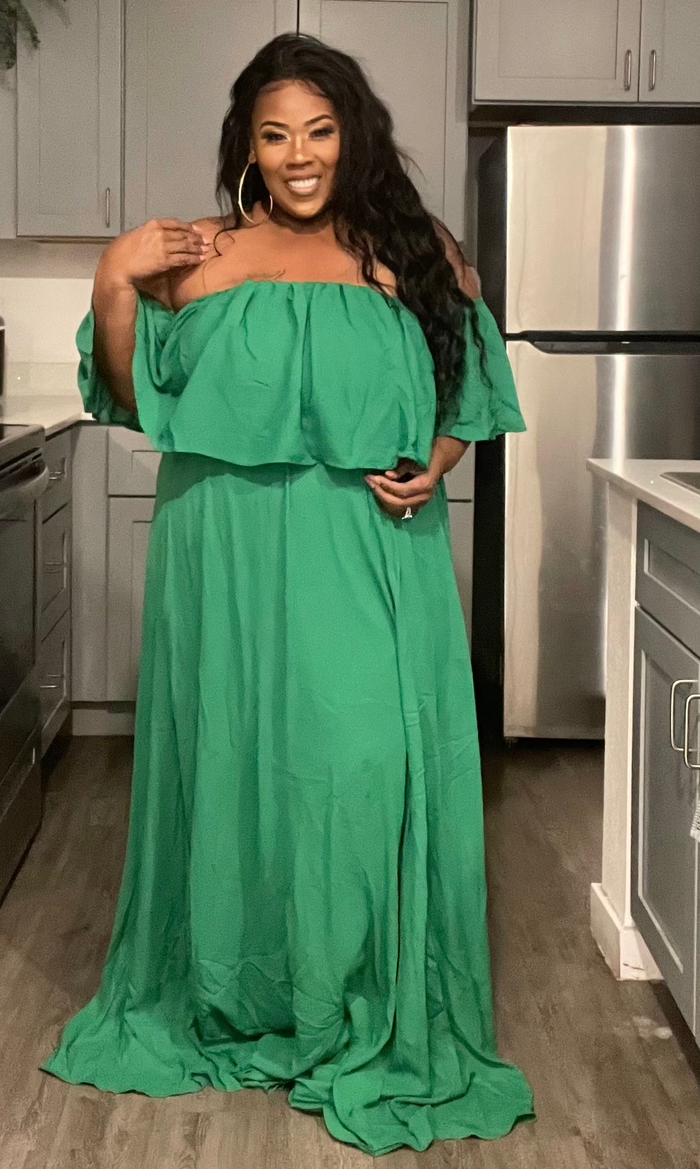 PLUS SIZE RUFFLE OFF SHOULDER ELASTIC WAIST MAXI DRESS-GREEN
