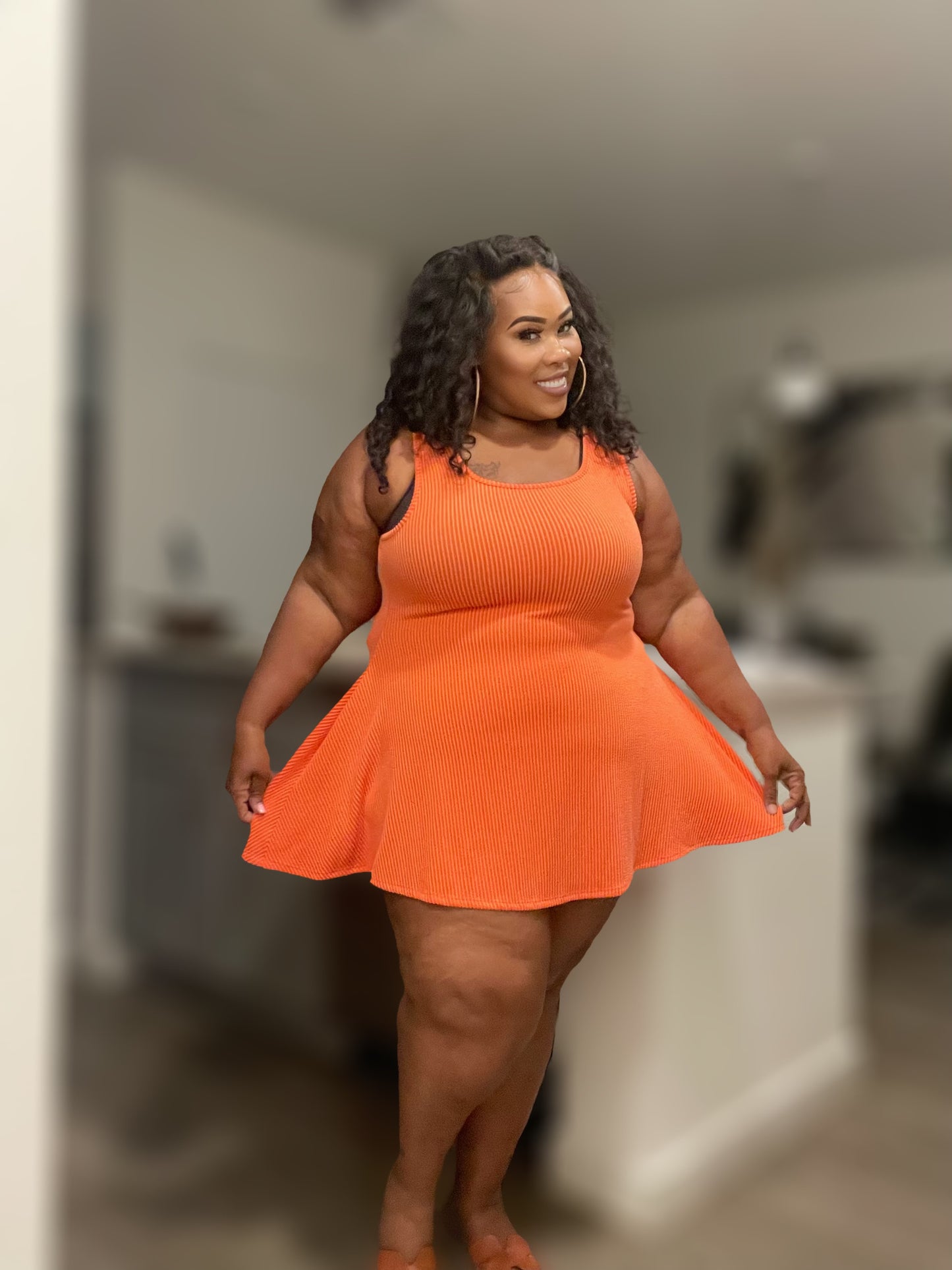 PLUS SIZE RIBBED FLARE MINI DRESS-ORANGE