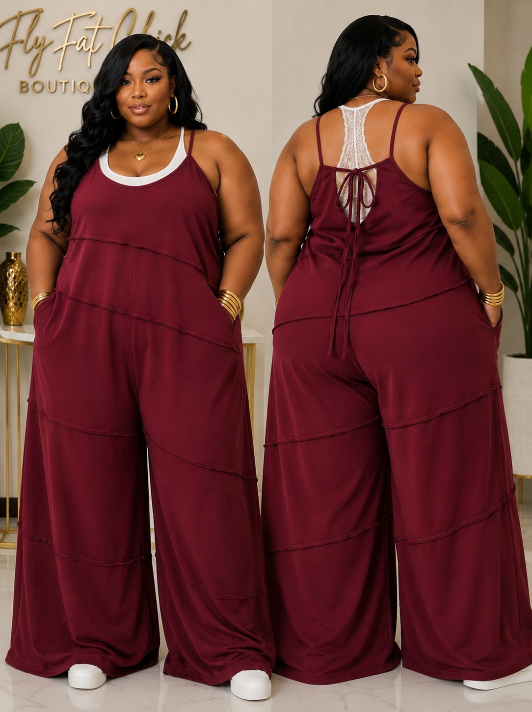 PLUS SIZE "RICH AUNTIE" OVERSIZED WIDE LEG JUMPSUITS-BURGUNDY