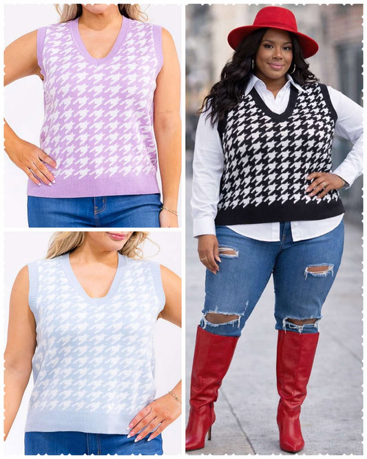PLUS SIZE SLEEVELESS HOUNDSTOOTH SWEATER VEST-