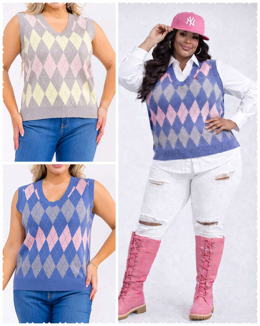 PLUS SIZE SLEEVELESS ARGYLE SWEATER VEST-