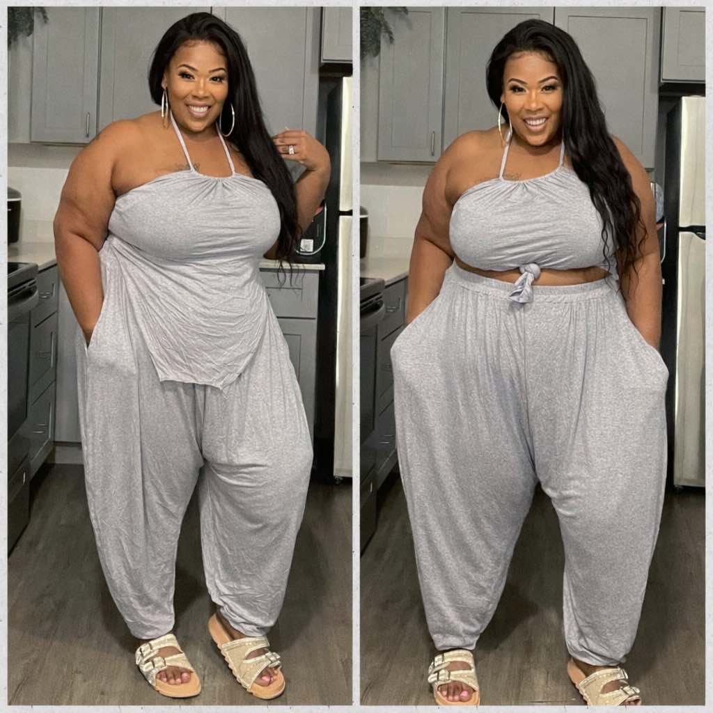 PLUS SIZE 2-PIECE HAREM PANT SET-HEATHER GREY-26