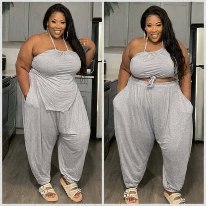 PLUS SIZE 2-PIECE HAREM PANT SET-HEATHER GREY-26