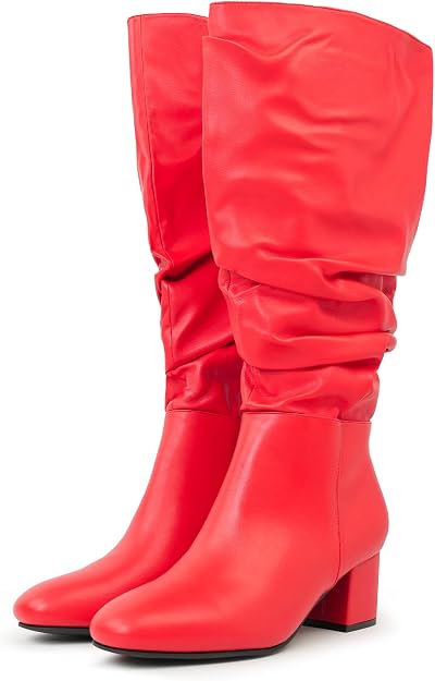 BIG MAMA WIDE CALF CHUNKY HEELS BOOTS-FAUX LEATHER RED