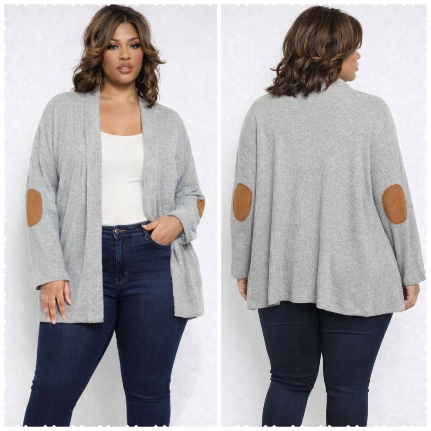 PLUS SIZE GREY OPEN FRON CARDOGAN W/CAMEL PATCH ELBOWS-00