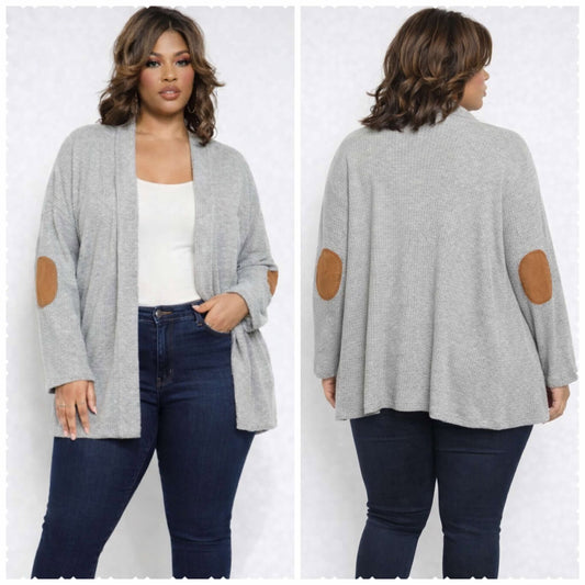 PLUS SIZE GREY OPEN FRON CARDOGAN W/CAMEL PATCH ELBOWS-00