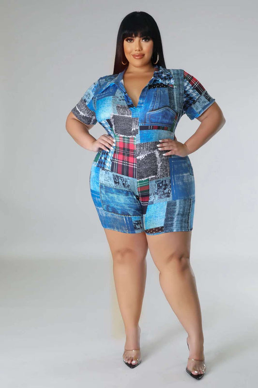 PLUS SIZE  Denim Print Romper-52