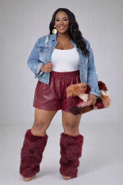 PLUS SIZE FAUX LEATHER 2-POCKET SHORTS-WINE-45