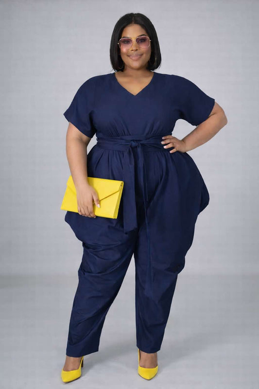 PLUS SIZE HAREM STERTCH ENIM JUMPSUIT W/BELT-42