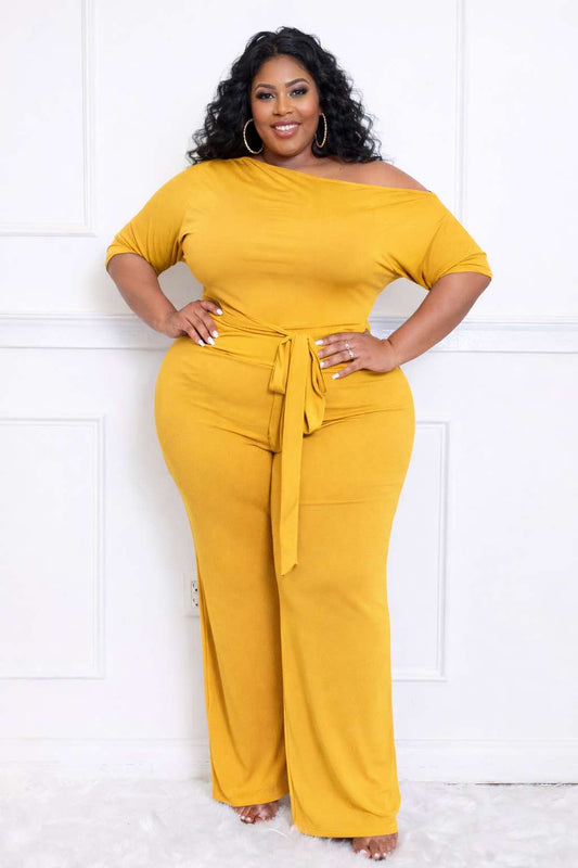 PLUS SIZE WIDE LEG OFF SHOULER JUMPSUIT W/BELT-(MUSTARD) 69