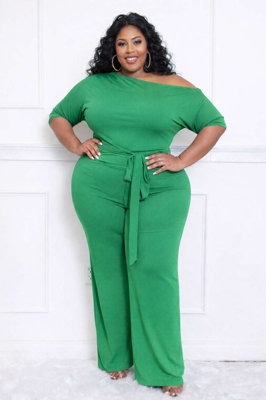 PLUS SIZE WIDE LEG OFF SHOULER JUMPSUIT W/BELT-(KELLY GREEN) 69