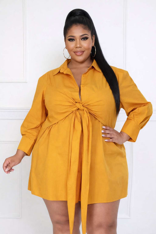 PLUS SIZE" ALL TIED UP BIG BOW SHIRT DRESS" MUSTARD-15