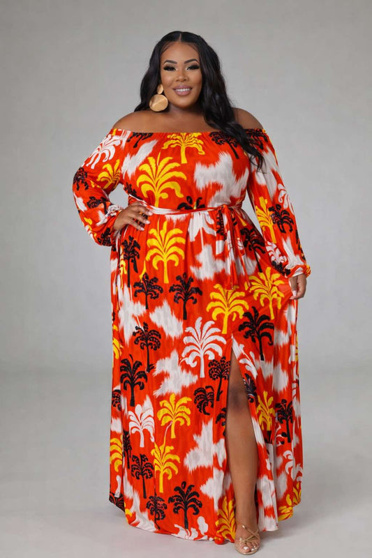 PLUS SIZE PRINTED OFF SHOULDER LONG DRESS-28