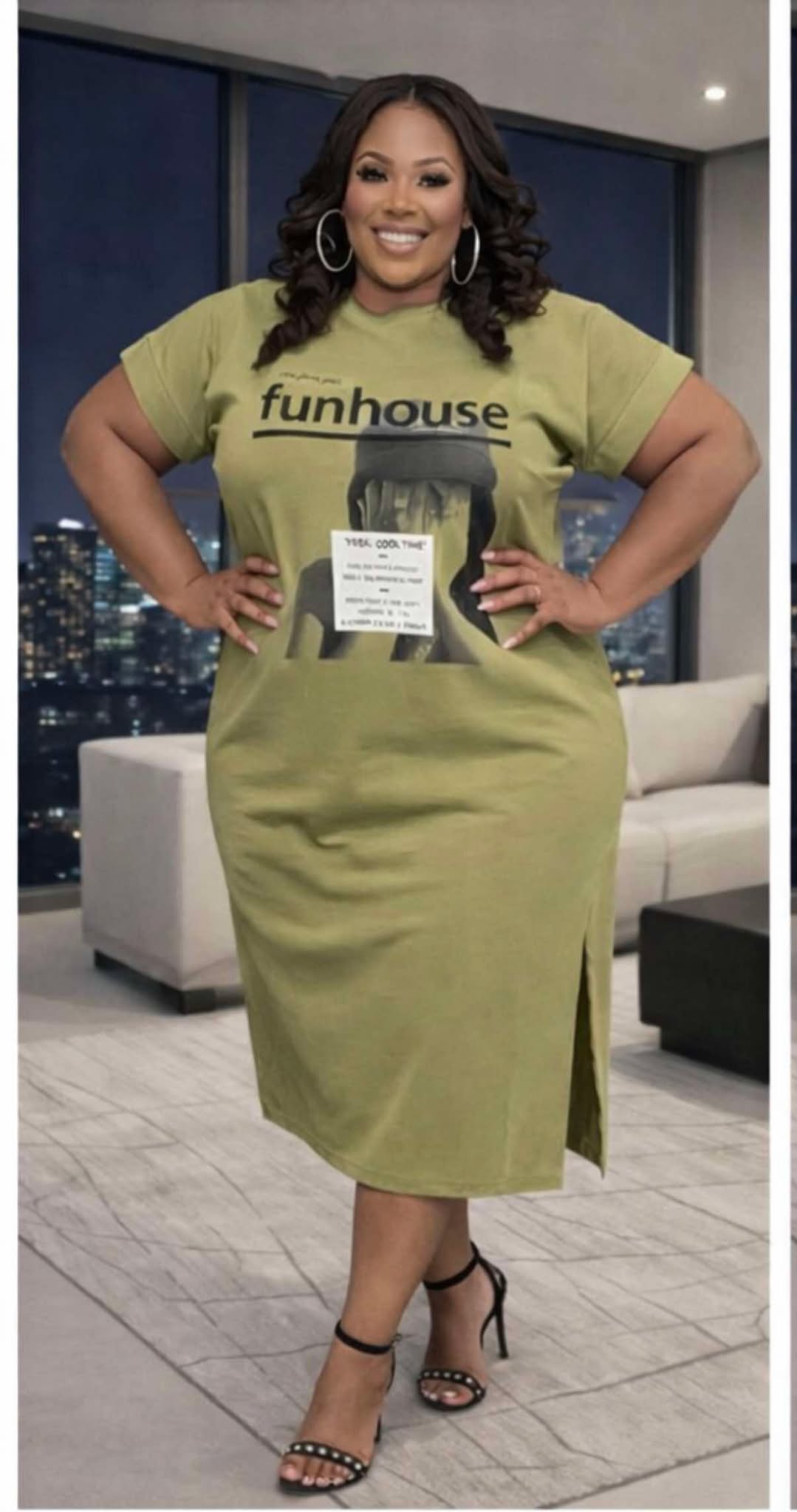 PLUS SIZE "FUN HOUSE" LOUNGE DRESS -LT. OLIVE