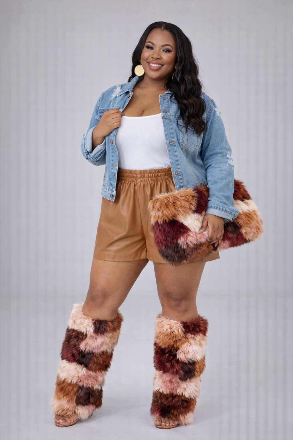 PLUS SIZE FAUX LEATHER 2-POCKET SHORTS-CAMEL-45