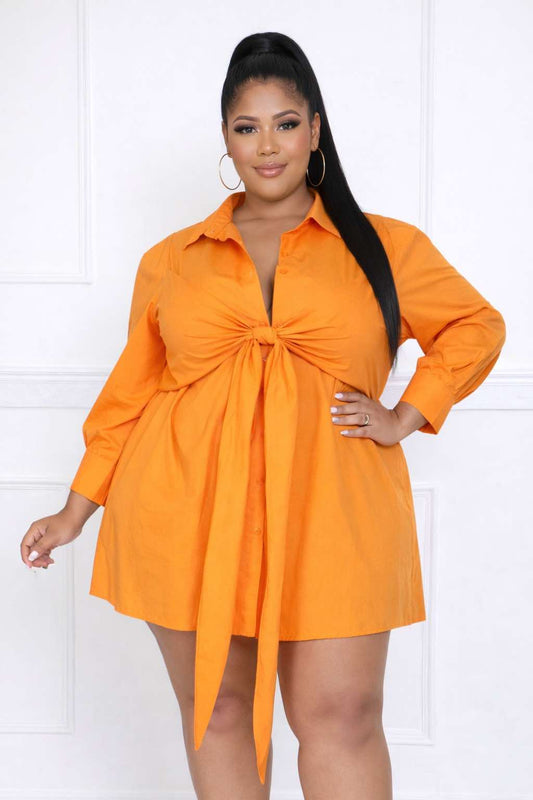 PLUS SIZE" ALL TIED UP BIG BOW SHIRT DRESS" ORANGE-15