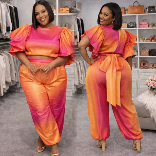 PLUS SIZE OMBRE 2-PIECE RUFFLE PANT SET-40