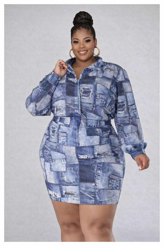 PLUS SIZE  Denim Print 2pc Chiffon Collar Button Up Top & skirt Set-50