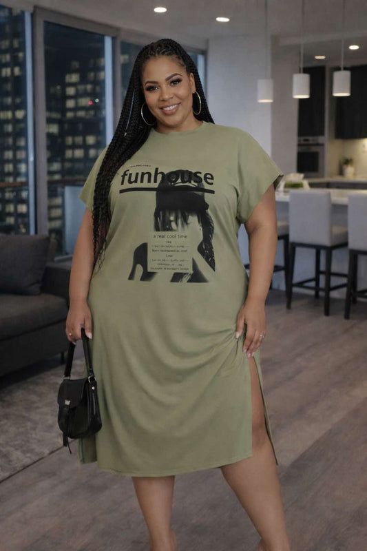PLUS SIZE "FUN HOUSE" LOUNGE DRESS -LT. OLIVE