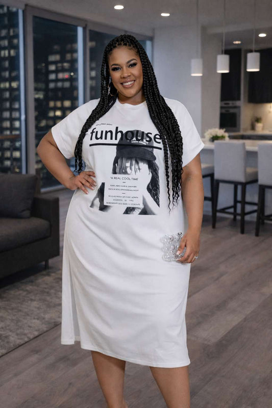 PLUS SIZE "FUN HOUSE" LOUNGE DRESS -WHITE