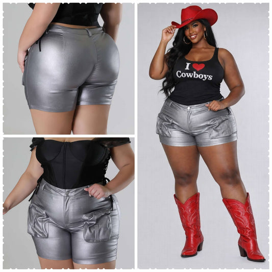 PLUS STRETCHY FAUX LEATHER BIG POCKET SHORTS-58